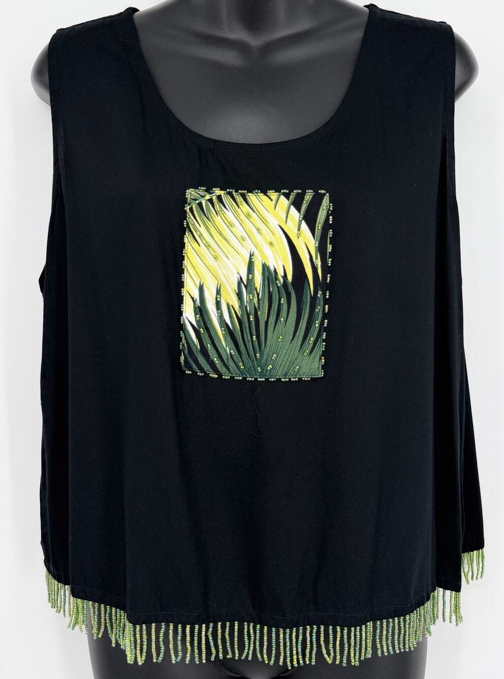 Paradiso Women Beaded Art Topical Tank Top Blouse XL Black Leaf Tassel Green Fun